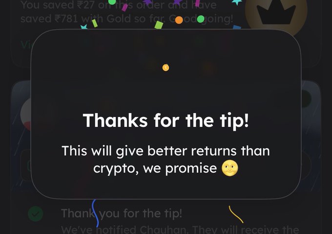 A notification screen displaying 'Thanks for the tip! This will give better returns than crypto, we promise' with confetti, and text mentioning saving ₹27 and ₹781 with Gold.