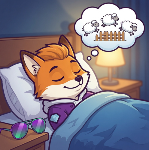 A cartoon fox character sleeping peacefully in bed, dreaming of sheep jumping over a fence, with sunglasses resting on the nightstand beside the bed.