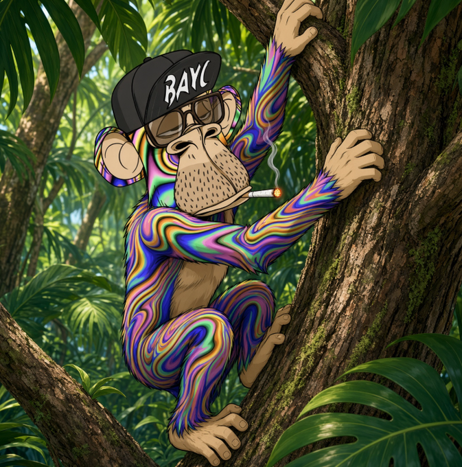 A vibrant cartoon illustration of a monkey with rainbow-colored fur climbing a tree, wearing a black cap that says 'BAYC' and sunglasses, with a cigarette in its mouth.
