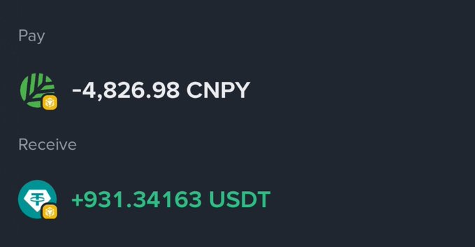 The image displays a cryptocurrency transaction summary showing a payment of -4,826.98 CNPY in exchange for receiving +931.34163 USDT, likely representing a successful trade or yield earned through Canopy on the Nucleus platform as celebrated in the post.