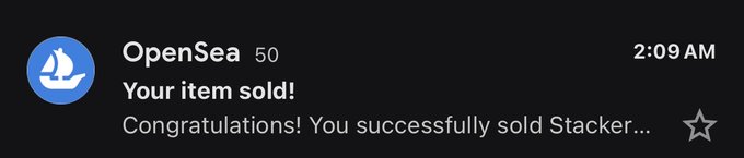 A push notification from OpenSea at 2:09 AM reads 'Your item sold! Congratulations! You successfully sold Stacker...'