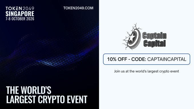 The image is a promotional graphic for TOKEN2049 Singapore (7-8 October 2026), featuring "Captain Capital" as a Community Partner with a 10% discount code "CAPTAINCAPITAL" for attendees of what is billed as "The World's Largest Crypto Event." It includes the event website TOKEN2049.COM alongside the Captain Capital logo and a tagline inviting viewers to "Join us at the world's largest crypto event."