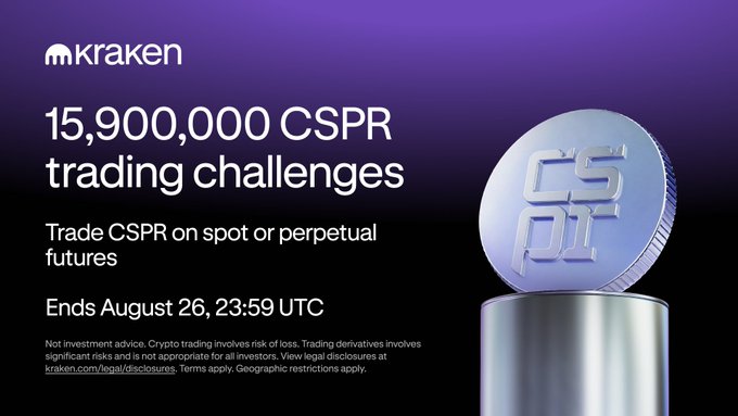 Kraken promotional graphic announcing a 15,900,000 CSPR trading challenge on spot or perpetual futures, ending August 26 at 23:59 UTC, featuring a metallic CSPR coin on the right side.