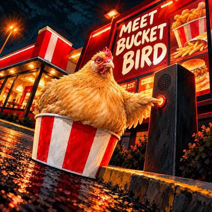 A vibrant digital artwork of a large chicken sitting in a red and white striped bucket in front of a KFC-style restaurant with a glowing sign reading 'MEET BUCKET BIRD', illuminated by streetlights at night.