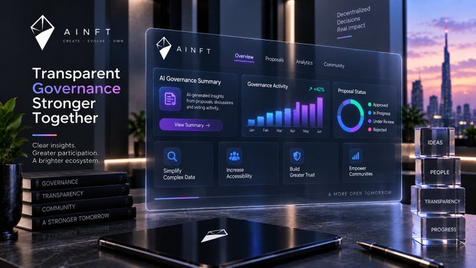A promotional graphic for AINFT featuring the slogan 'Transparent Governance Stronger Together,' showing an AI Governance Summary dashboard with proposal analytics alongside stacked books labeled GOVERNANCE, TRANSPARENCY, COMMUNITY, and PROGRESS.