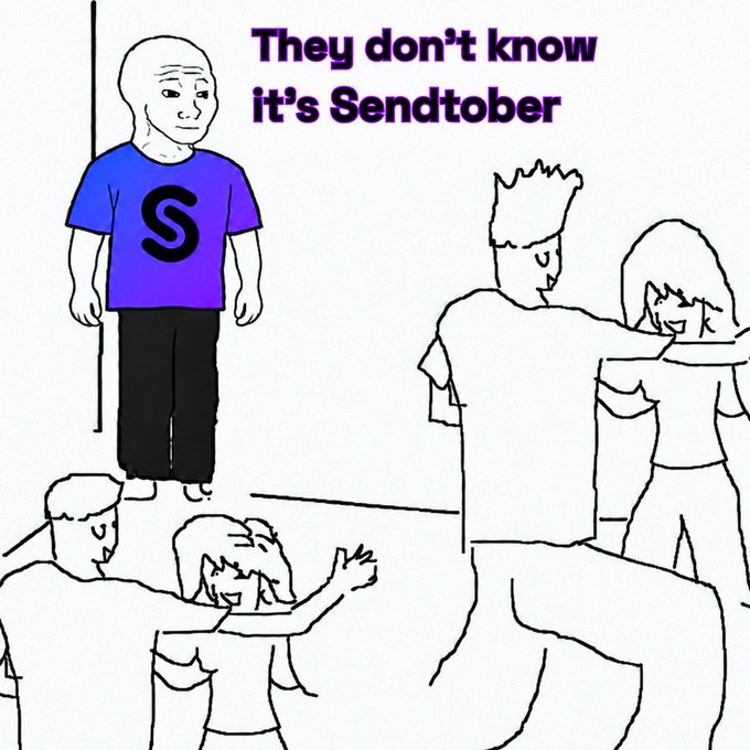 A Wojak-style meme shows the classic "They don't know" image with a solitary figure wearing a purple shirt featuring the letter "S," standing apart from a group of people celebrating below. The caption reads "They don't know it's Sendtober," referencing the "Gsender" context by highlighting the solitary "S" (sender) unaware of the festive sending season happening around them.