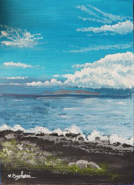 A small painting signed 'N Borghello' depicts a coastal scene with blue sky, white clouds, rocky shoreline, and distant mountains.