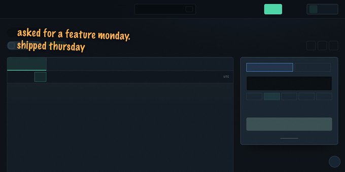 A dark-themed digital interface displays the text 'asked for a feature monday. shipped thursday' in orange lettering.