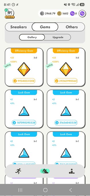 The image shows a STEPN game "Gems" tab in the Gallery, displaying four gems for sale: two Efficiency Gems (Lv3, +25/+220%) priced at 9,924,023,120 and 3,926,299,056, and two Luck Gems (Lv1, +2/+5%) priced at 1,870,903,955 and 5,163,604,555. This relates to the post about P-country successfully selling their listed yellow gems at 1600GMT.