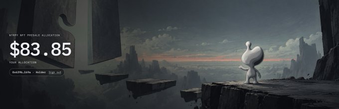 A surreal landscape shows a white mascot-like figure on a cliff at sunset, with overlay text reading "NYDFS NFT RESALE ALLOCATION", "$83.85", and "0x6396.3856 - Volume: 9261.65".