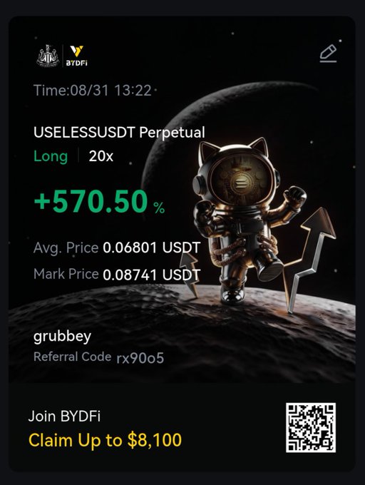 A trading screenshot from BYDFi shows a leveraged long position on USELESSUSDT Perpetual (20x leverage) yielding a +570.50% gain, with the user "grubbey" and referral code "rx90o5" displayed alongside an astronaut figure standing next to an upward arrow. The image directly supports the post's claim about successfully calling a long position on $USELESS despite the broader market downturn.