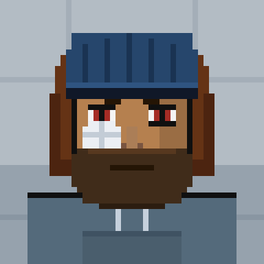 A pixel art portrait of a bearded character with a blue cap, red eyes, and what appears to be a tear or mark on one cheek, wearing a dark blue hoodie.