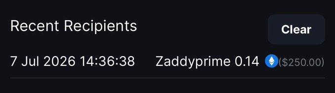 The image shows a "Recent Recipients" notification displaying a $250.00 ETH transaction sent to "Zaddyprime 0.14" (username @zddy_eth) on 7 Jul 2026 at 14:36:38, confirming the payment of the $250 Metawin Collab prize mentioned in the post.