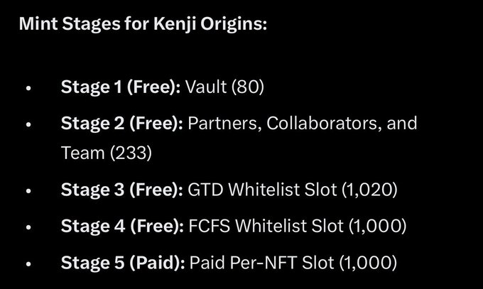 A black slide outlining 'Mint Stages for Kenji Origins' with five bullet points listing stages from free vault allocations to a paid per-NFT slot.