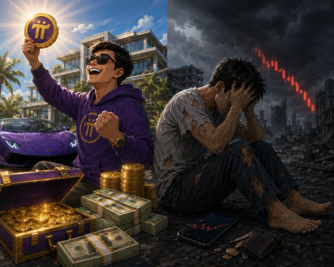 Split-image illustration contrasting wealth and ruin: on the left, a man in a purple Pi Network hoodie celebrates holding a Pi coin next to a Lamborghini and treasure chest; on the right, a disheveled man sits in despair amid a destroyed city with a downward red stock chart and a Pi wallet showing losses.