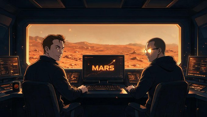 Two mission controllers sit at a dimly lit console overlooking a Martian landscape, with a central monitor displaying "MARS." The scene evokes a space exploration theme, fitting the "MarsCoin/$SPCXB" launch on Flap.sh with contract address 0xFe189E97832DA1573e4e4Ff034F4fFC3a15c7777.
