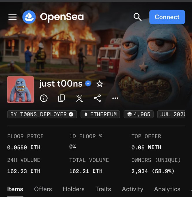 An OpenSea NFT collection page for 'just t00ns' on Ethereum, showing a floor price of 0.0559 ETH, 24H volume of 162.23 ETH, and 2,934 unique owners.