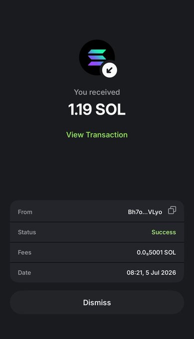 A notification showing receipt of 1.19 SOL from "Bh7o...VLyo" with a "Success" status, which the poster attributes to a reward from @solana_dave2.