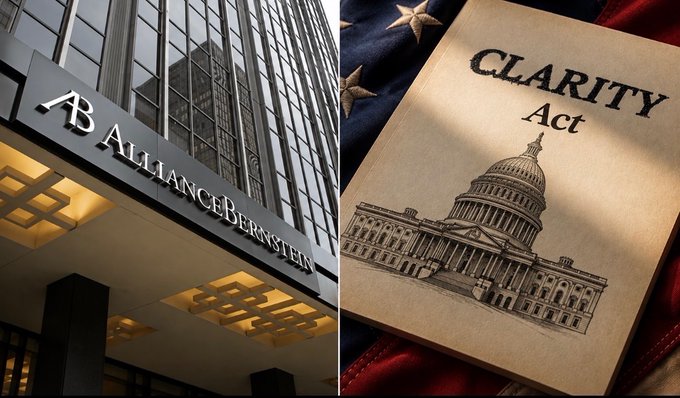 The image shows the AllianceBernstein building entrance alongside a document titled "CLARITY Act" displayed against an American flag backdrop, illustrating Bernstein's $900 billion warning that failure to pass this crypto legislation could accelerate SEC and CFTC rulemaking.