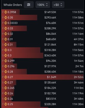 A 'Whale Orders' cryptocurrency dashboard showing large buy orders ranging from $76.60K to $1.34M at prices between 0.25 and 0.3958.