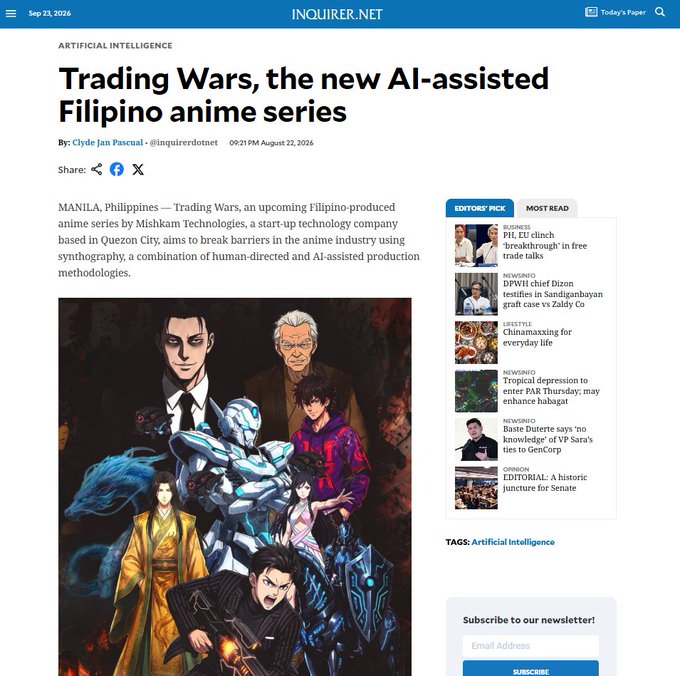 A news article from INQUIRER.NET titled "Trading Wars, the new AI-assisted Filipino anime series" by Clyde Jan Pascual, dated August 22, 2026, featuring an anime-style illustration with multiple characters.