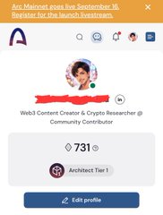 A mobile app profile screen showing 'Arc Manor' rejoining Web3 on September 16 with 731 reputation and Architect Tier 1 status.