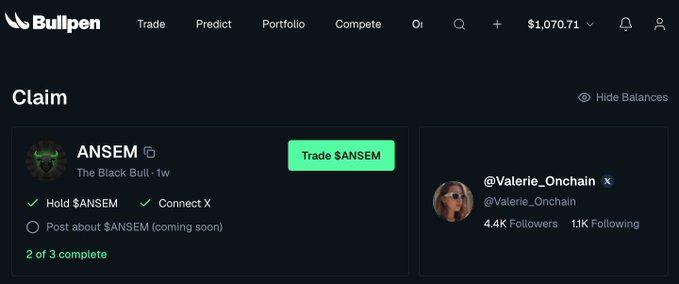 Bullpen platform interface showing a 'Claim' page for the ANSEM ($ANSEM) token, displaying tasks (Hold $ANSEM, Connect X, Post about $ANSEM) with 2 of 3 complete, and profile details for @Valerie_Onchain.