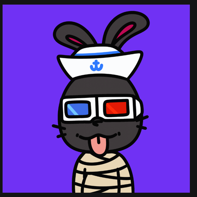A digital illustration shows a black cartoon bunny wearing 3D glasses and a sailor hat with an anchor symbol on a purple background.