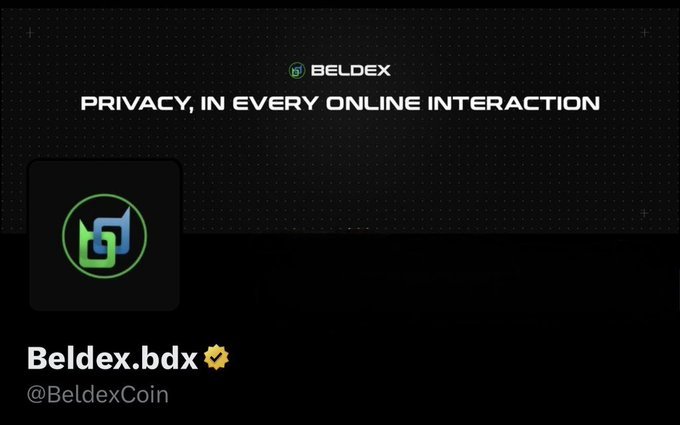 The image displays the Beldex logo and branding with the tagline "PRIVACY, IN EVERY ONLINE INTERACTION," along with the username "Beldex.bdx" and handle "@BeldexCoin" on a dark background. It serves as a visual identity for the cryptocurrency project mentioned in the post about Beldex's pooled masternode staking system, which allows multiple contributors to combine funds to meet the 10,000 $BDX requirement.
