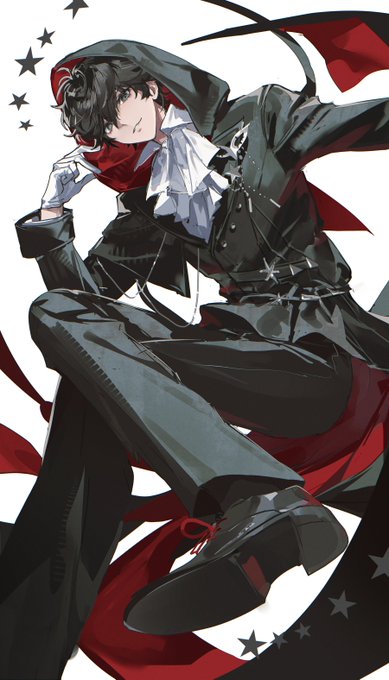 An anime-style illustration features a stylish male character with black hair wearing a dark hooded coat, white ruffled shirt, red accents, and chains, posed dynamically against a white background with stars and red ribbons.