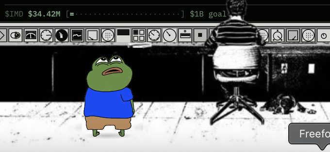 A meme image showing a sad Pepe the Frog character in a blue shirt standing in front of a piano, with the text '$IMD $34.42M [=....................] $1B goal' at the top.