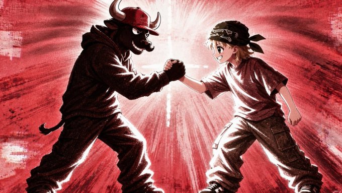 A stylized red-toned illustration depicting a fist bump between a bull-headed character in a hoodie and a cheerful young boy wearing a bandana.