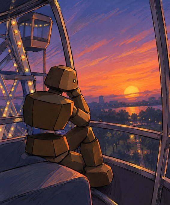 An illustration depicts a blocky, wooden robot sitting pensively in a Ferris wheel cabin, looking out over a city skyline at sunset.