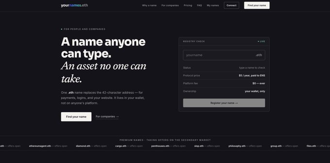 A dark-themed website for 'yournames.eth' advertising that 'A name anyone can type. An asset no one can take,' with a search bar showing 'yourname' is available and registration costs $5/year paid in ENS.