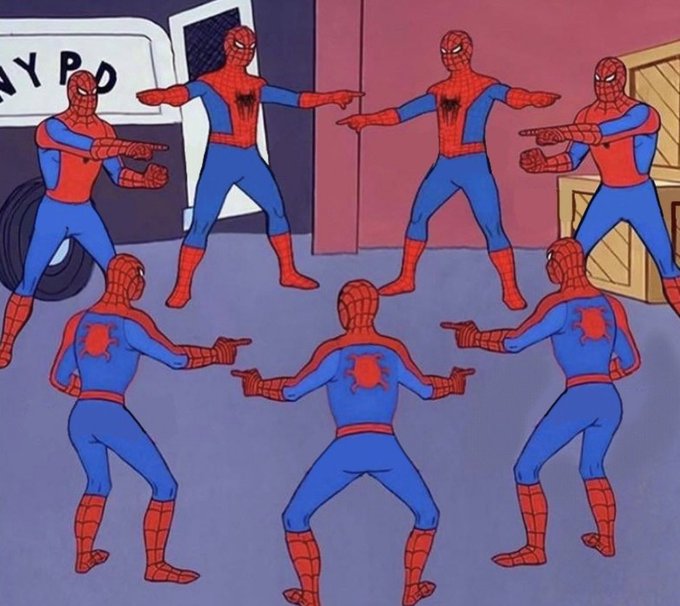 The image shows seven Spider-Men from the classic "Spider-Man pointing" meme arranged in a circle, all accusing each other while standing near an "NYPD" van, illustrating the post's theme of crypto KOLs, followers, and critics all calling each other scammers despite ultimately chasing the same "early CA" for a 1000x pump.