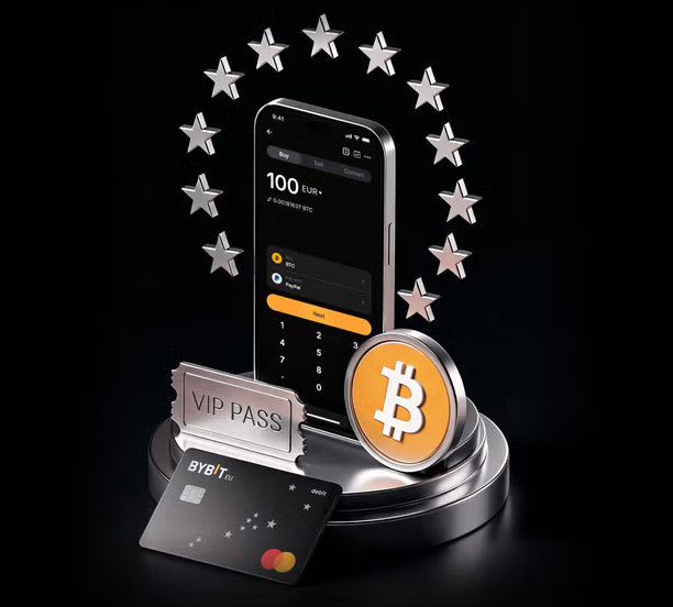 A sleek 3D render shows a smartphone displaying a cryptocurrency trading interface with "100 EUR" and a numeric keypad, positioned on a silver pedestal alongside a "VIP PASS" ticket, a Bitcoin emblem, and a black Bybit card, all framed by a halo of silver stars. The visual reinforces the post's message about Bybit's VIP and PWM BTC programs, illustrating how BTC holders can access tiered yield-generating opportunities through the platform.