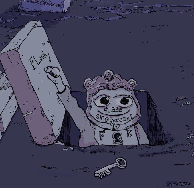A dark, sketchy illustration of a crowned cartoon character emerging from a hole in the ground, holding a sign reading 'Flash,' with a key lying in the dirt in the foreground.