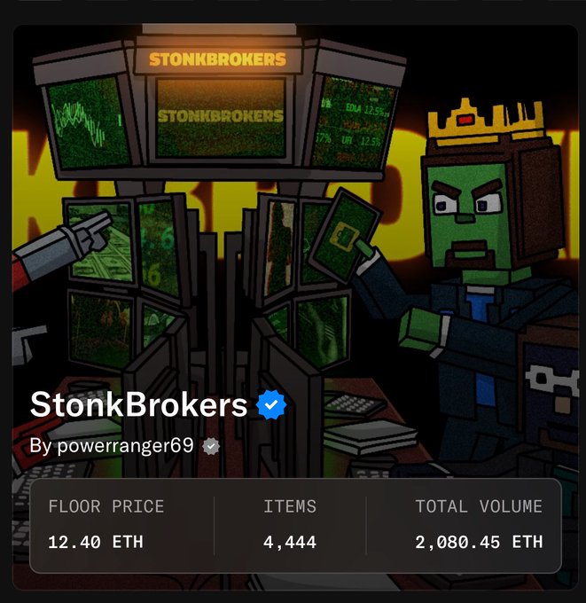An NFT collection page for "StonkBrokers" by powerranger69, displaying a voxel-style green character with a crown next to stock monitors, with a floor price of 12.40 ETH, 4,444 items, and 2,080.45 ETH total volume.
