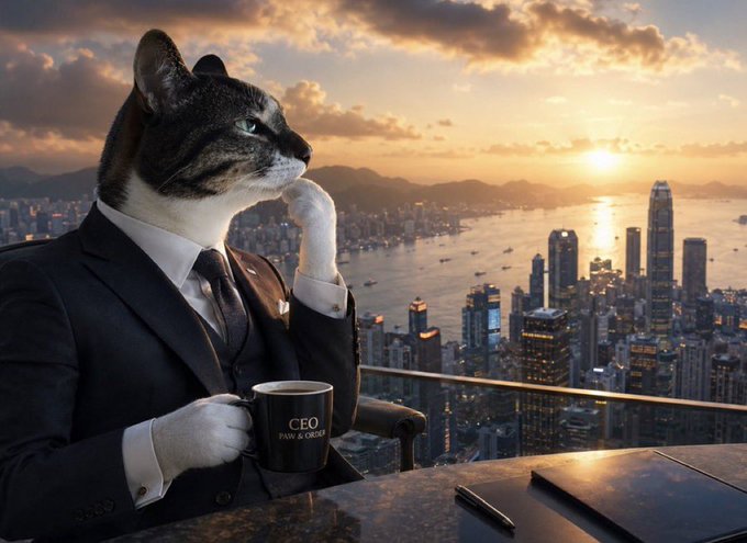 A cat in a tailored suit, sipping from a mug labeled "CEO PAW & ORDER," gazes thoughtfully over a sprawling city skyline at sunset, embodying the post's confident prediction of $Cashcat and $HMM's explosive growth. The contemplative pose and high-rise backdrop reinforce the bullish conviction that both tokens will inevitably reach their ambitious market cap milestones.