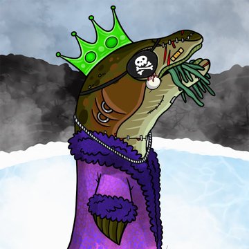 A cartoon illustration of an anthropomorphic frog or fish-like character wearing a green crown with a skull-and-crossbones pirate eyepatch, a pearl necklace, and a purple fur-trimmed coat.