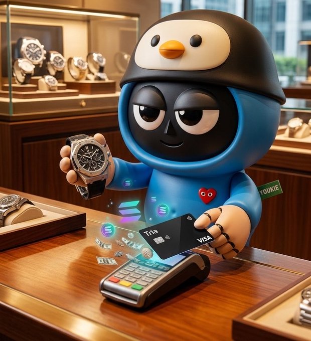 A stylized cartoon character resembling a penguin wearing a blue hoodie, holding a luxury watch and a black Visa credit card at a jewelry store counter with a payment terminal and floating holographic icons.