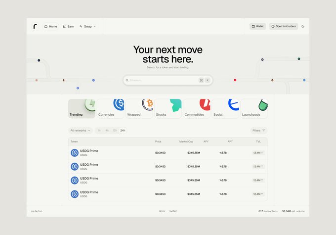 A screenshot of a crypto trading platform homepage displaying 'Your next move starts here.' with a search bar, category tabs (Trending, Currencies, Wrapped, Stocks, Commodities, Social, Launchpads), and a list of USDD Prime tokens with identical prices ($0.3453) and 14.76% APY.