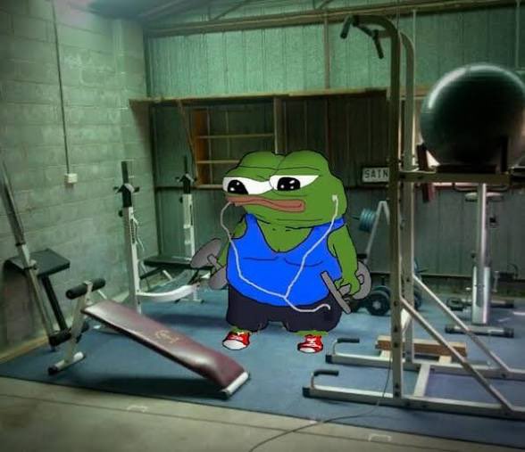 A sad Pepe the Frog meme wearing a blue tank top and headphones, standing in a home gym with a weight bench and exercise equipment, looking distressed.