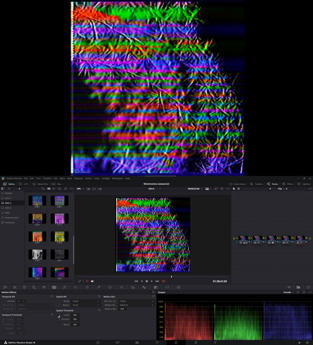 A screenshot of DaVinci Resolve Studio video editing software showing a colorful glitch-art visual with spikes of red, green, and blue in the preview window and timeline.