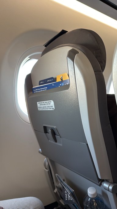 A view from an airplane seat showing the back of the seat in front, featuring a seat pocket with safety cards (one showing a blue and yellow design) and instructions. A window and part of the cabin are visible.