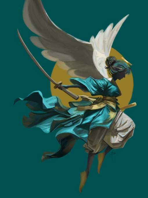 Digital artwork of a winged female warrior in flowing teal and yellow garments wielding a katana against a teal background with a yellow circular sun.