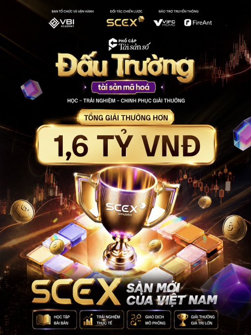 A Vietnamese promotional graphic for 'ĐẤU TRƯỜNG TÀI SẢN MÃ HÓA' (Crypto Asset Arena) by SCEX, advertising a prize pool of 1.6 TỶ VNĐ (1.6 billion VND).