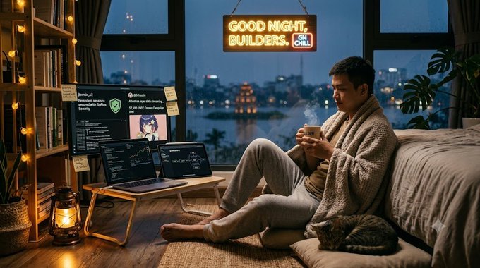 A man in loungewear sits in a warmly lit apartment holding a cup, with laptops displaying code on a desk, a 'GOOD NIGHT, BUILDERS' neon sign, and a cat resting nearby.