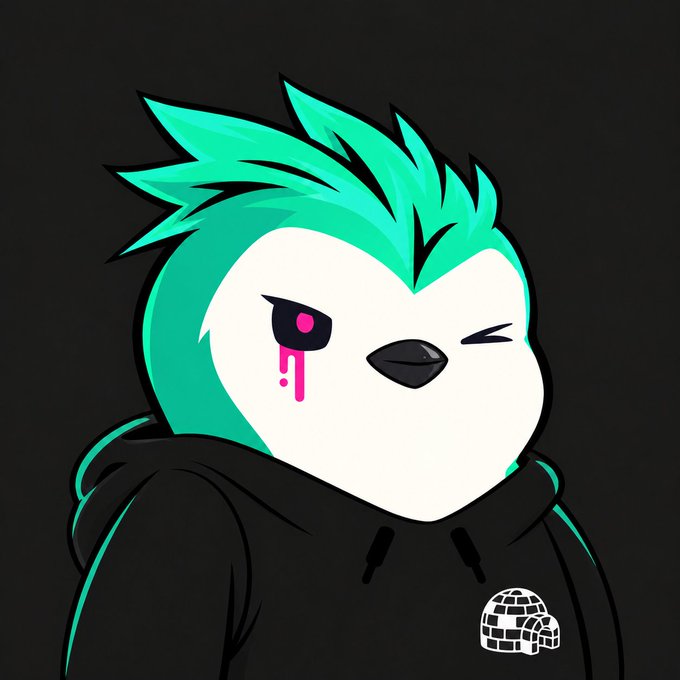 A cartoon-style illustration of a bird-like character with teal feathers, a black beak, and a black hoodie featuring an igloo logo; the character winks with one pink eye dripping tears.