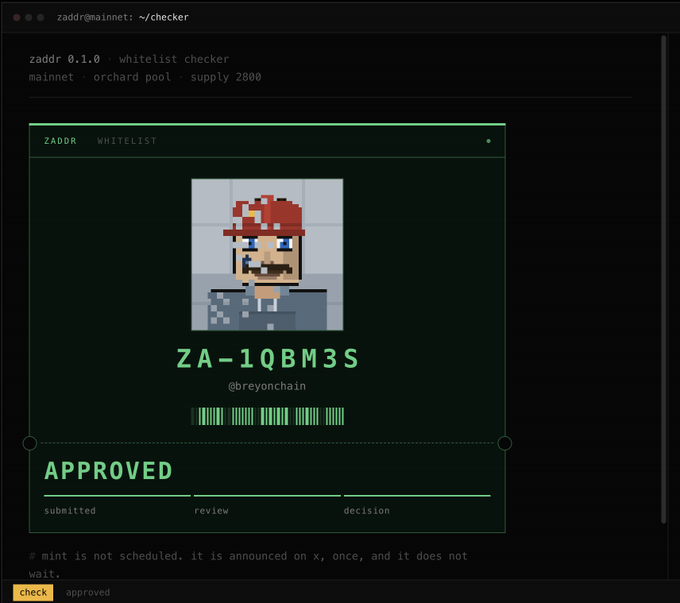The image shows a Zaddr whitelist checker application displaying an "APPROVED" status for the Zaddr ID "ZA-1QBM3S" (@breyonchain), featuring a pixelated Mario avatar. This confirms the user's whitelist approval for the upcoming ZEC NFT mint, which they note will appear in two days as referenced in the accompanying post.
